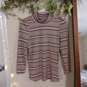 Free People Pink Striped Turtleneck Top 3/4 Sleeve Mauve Mock Neck